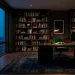 Sophisticated dark luxe home office with matte black desk and velvet chair in moody lighting.