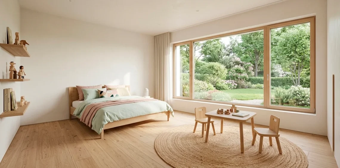 Modern sustainable wood kids bedroom interior with eco-friendly furniture and natural lighting.