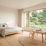 Modern sustainable wood kids bedroom interior with eco-friendly furniture and natural lighting.