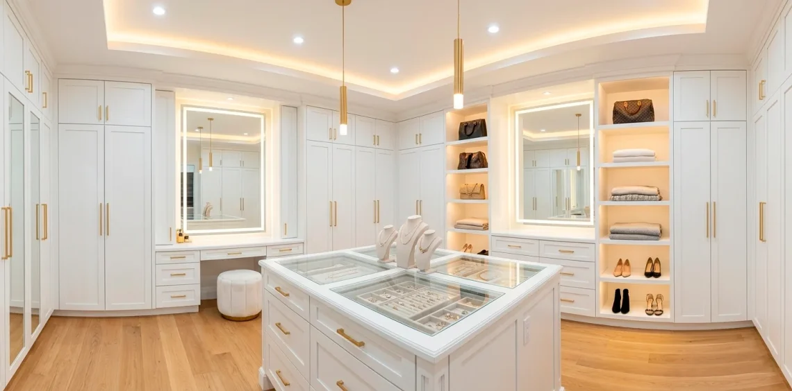 Wide view of a bright white windowless dressing room with gold accents and professional LED lighting.