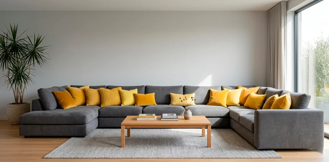 Modern gray living room featuring a variety of sunny yellow throw pillows on a charcoal sofa.