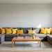 Modern gray living room featuring a variety of sunny yellow throw pillows on a charcoal sofa.
