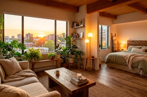Cozy and stylish studio apartment interior with warm lighting and plants optimized for space saving.