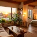 Cozy and stylish studio apartment interior with warm lighting and plants optimized for space saving.
