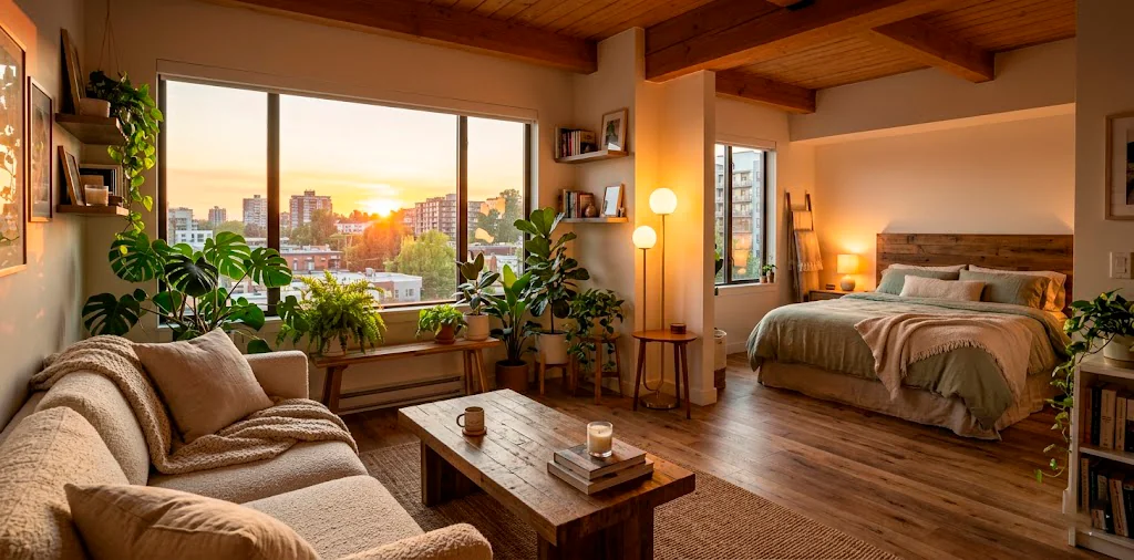 Cozy and stylish studio apartment interior with warm lighting and plants optimized for space saving.