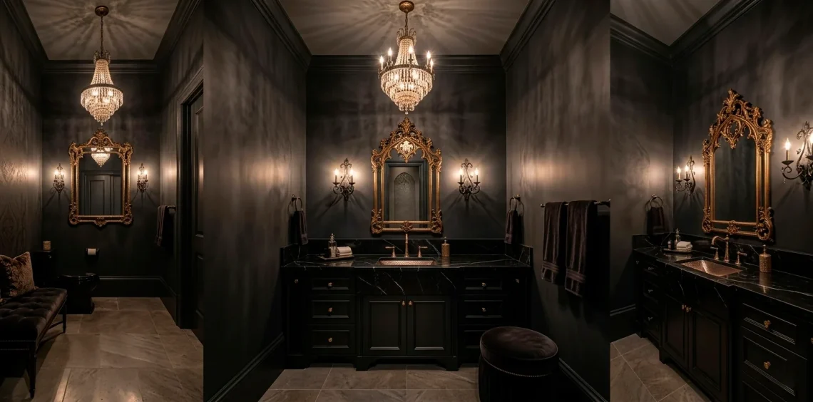 Luxurious gothic glam powder room with charcoal walls and gold mirror