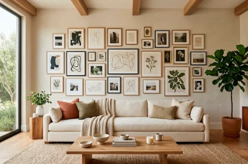 A cohesive gallery wall above a cream sofa in a warmly lit, modern living room demonstrating aesthetic photo editing.