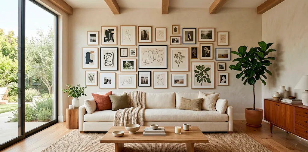 A cohesive gallery wall above a cream sofa in a warmly lit, modern living room demonstrating aesthetic photo editing.