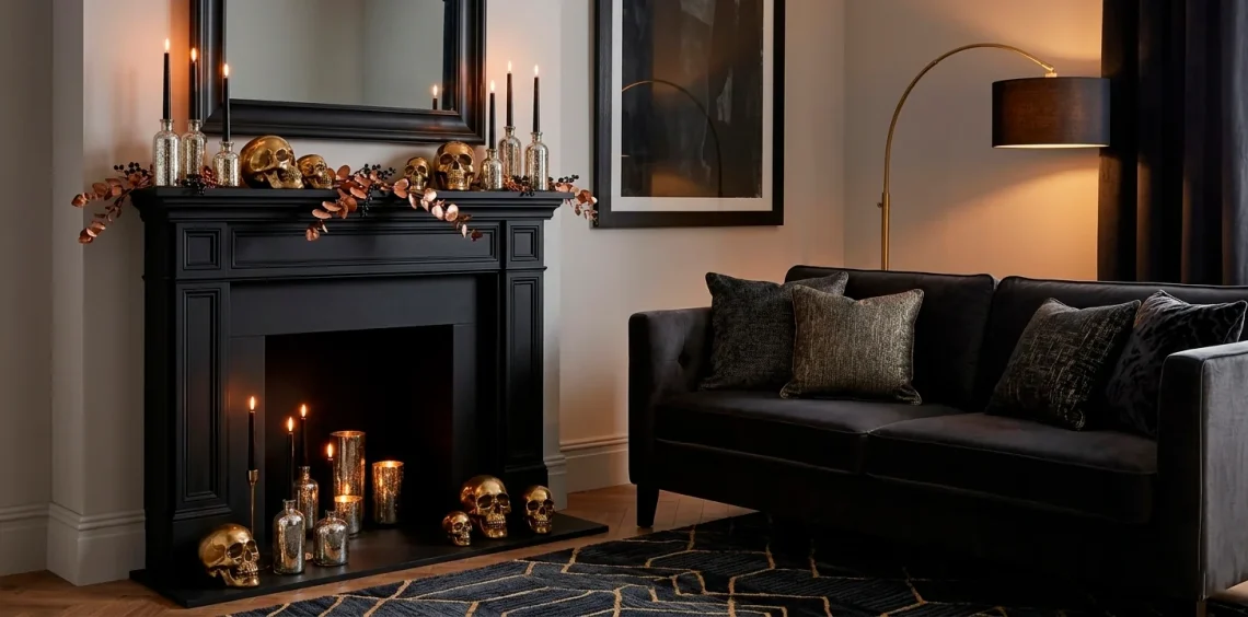Sophisticated metallic Halloween decor styling in a modern moody living room with brass skulls and mercury glass.