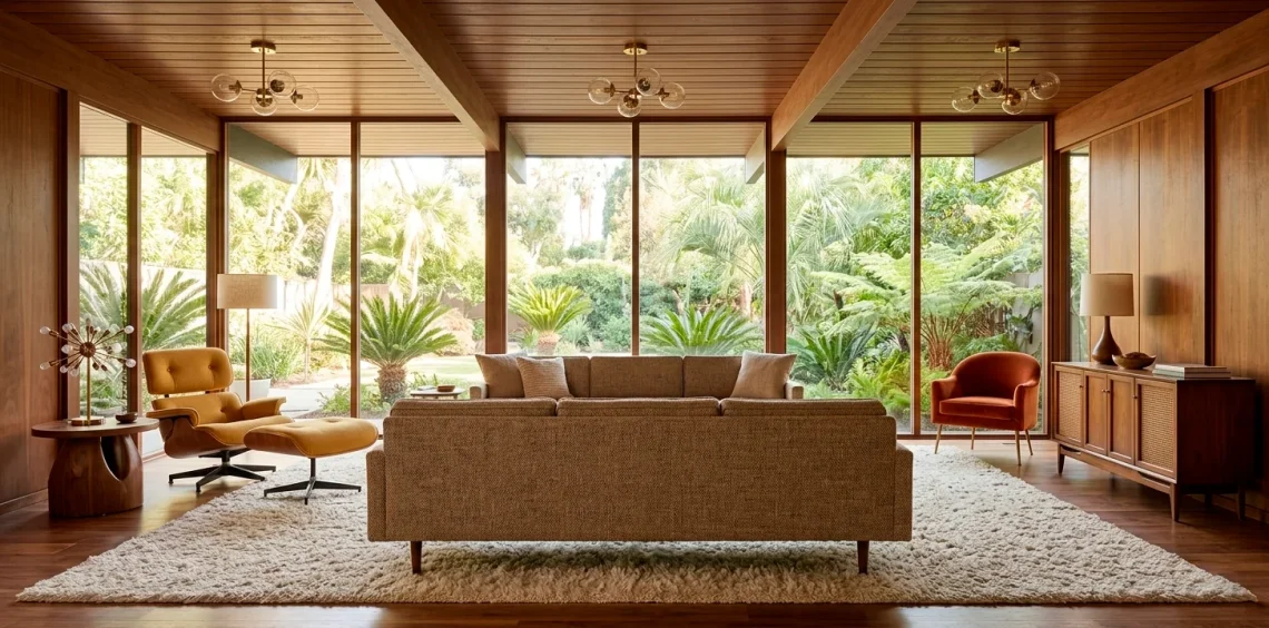 Elegant mid-century modern living room styled with warm retro colors, walnut wood furniture, and a cream shag rug.