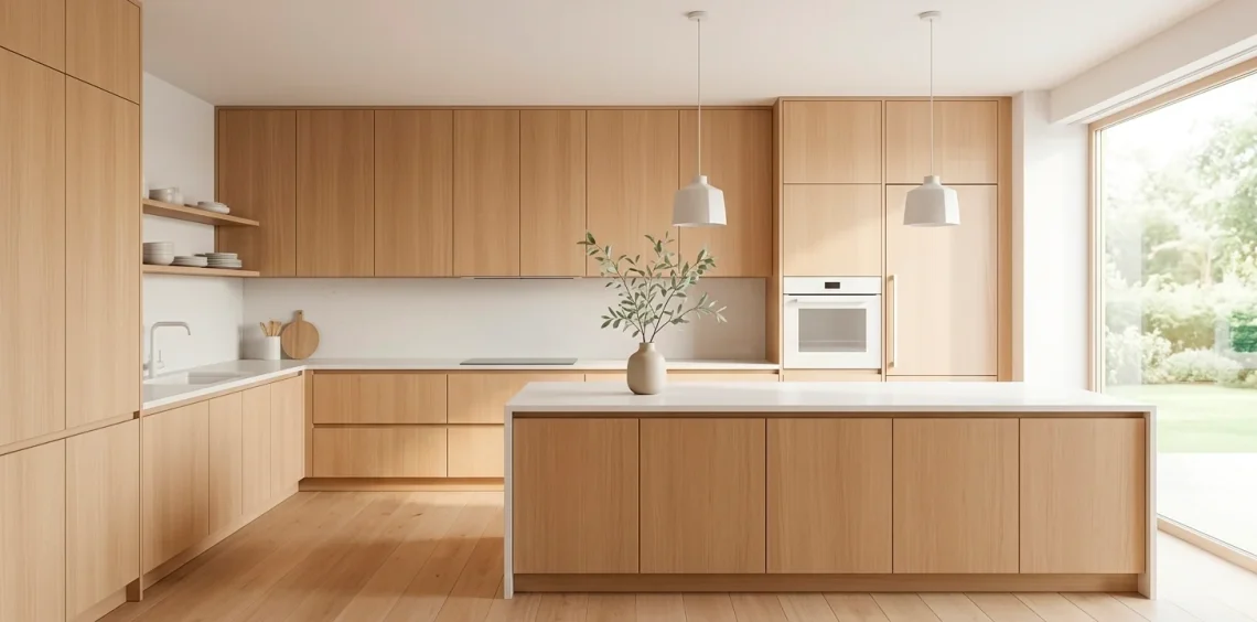 Bright and airy Scandinavian kitchen banner with white countertops and light oak cabinetry in morning light.