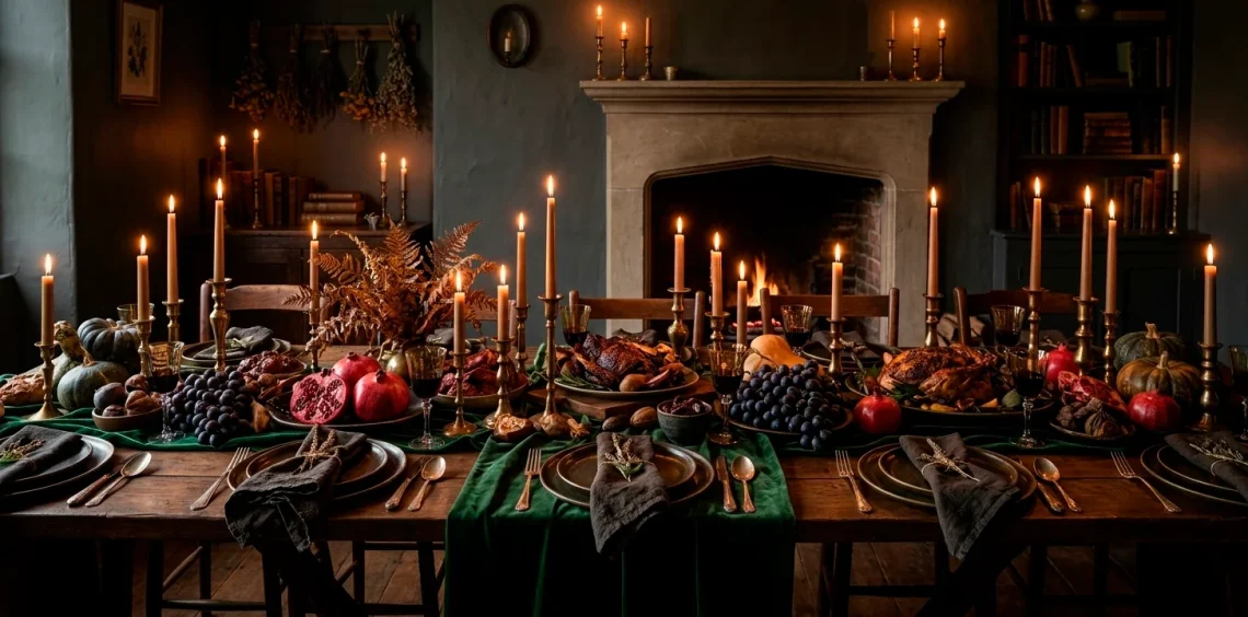 Moody dark cottagecore Thanksgiving table with forest green velvet and antique brass candlesticks in a cozy room.