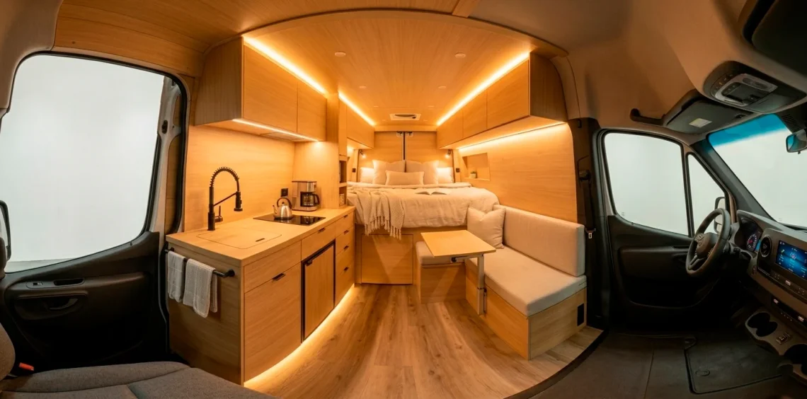 Sleek and modern Sprinter van interior layout with custom wood cabinetry and a functional galley kitchen.