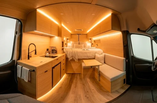 Sleek and modern Sprinter van interior layout with custom wood cabinetry and a functional galley kitchen.