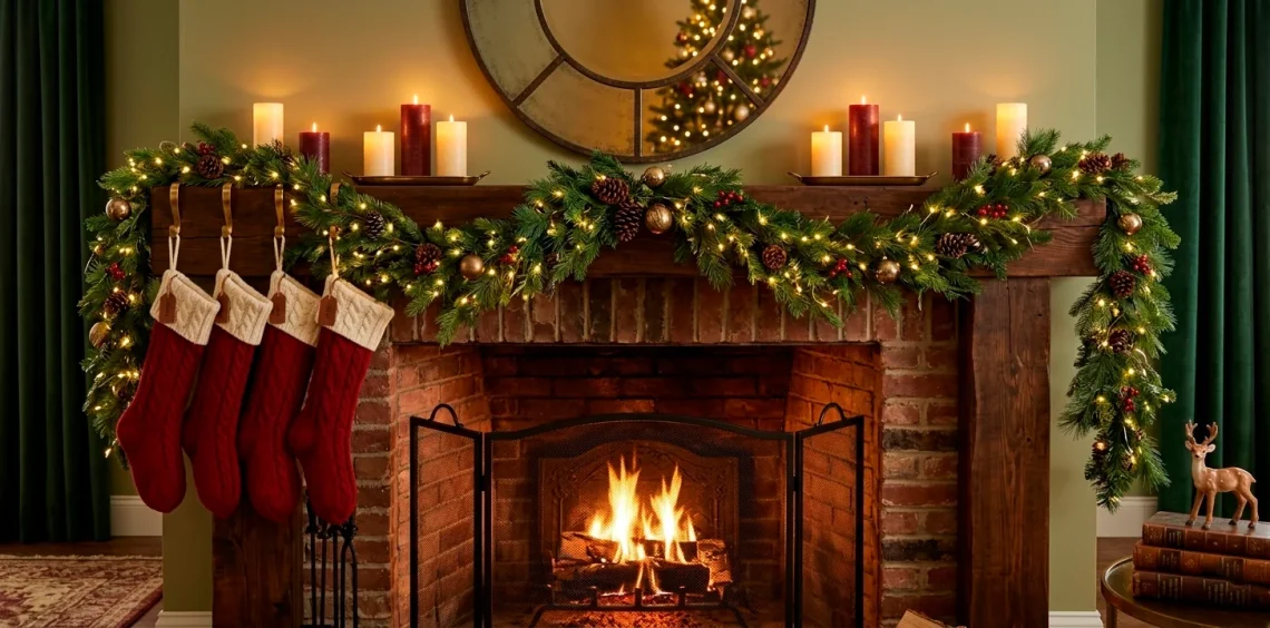 A wide horizontal photo of a cozy Christmas fireplace decorated safely with LED lights, screen, and stockings.