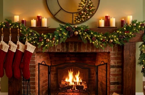 A wide horizontal photo of a cozy Christmas fireplace decorated safely with LED lights, screen, and stockings.