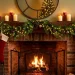 A wide horizontal photo of a cozy Christmas fireplace decorated safely with LED lights, screen, and stockings.