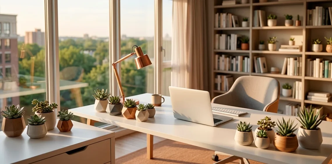 A variety of low-maintenance succulents in modern pots on a clean white professional office desk.