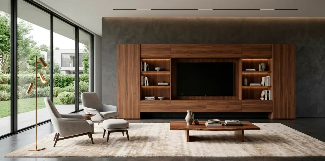 Wide 2:1 banner showing a luxury walnut modern TV wall unit in a sunlit contemporary living room.