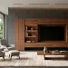 Wide 2:1 banner showing a luxury walnut modern TV wall unit in a sunlit contemporary living room.