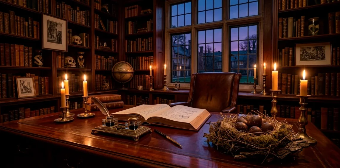 Moody Dark Academia office desk with Easter eggs and vintage books in a wide cinematic banner.
