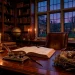 Moody Dark Academia office desk with Easter eggs and vintage books in a wide cinematic banner.