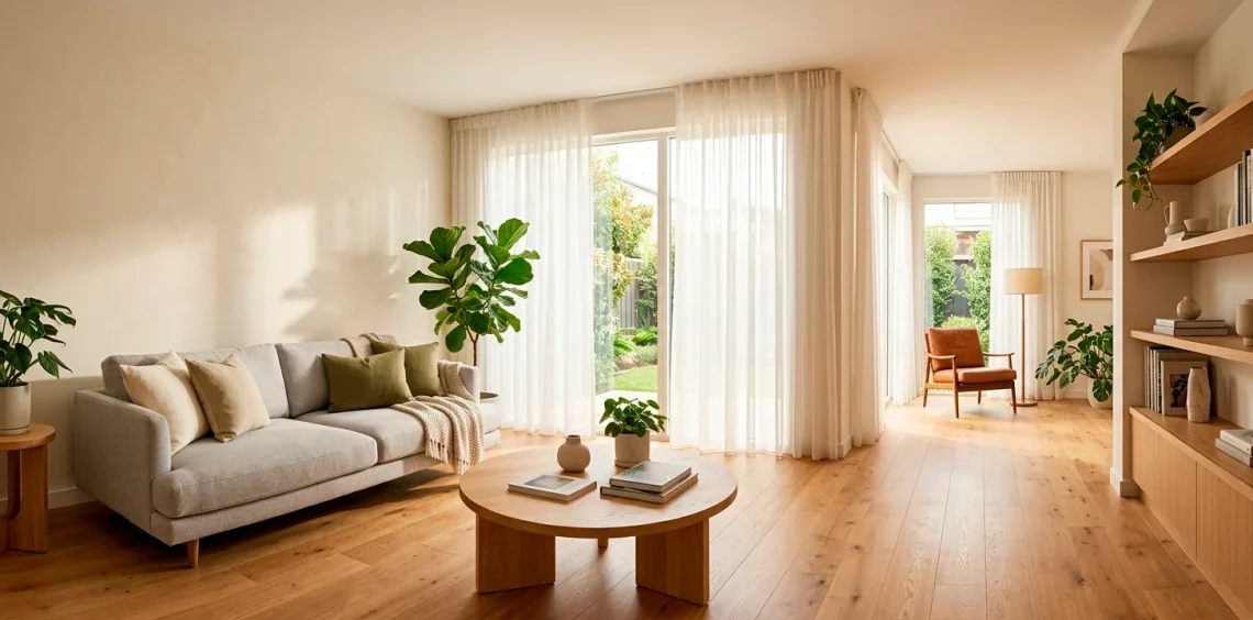 Wide panorama of a bright, functional small living room layout with modern furniture and natural light.