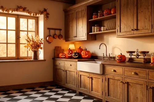 Classic kitchen decorated with vintage Halloween accents including ceramic pumpkins and candy corn jars.