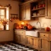 Classic kitchen decorated with vintage Halloween accents including ceramic pumpkins and candy corn jars.