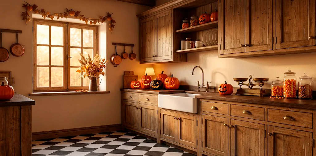 Classic kitchen decorated with vintage Halloween accents including ceramic pumpkins and candy corn jars.