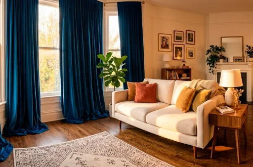 Cozy small living room featuring elegant, opulent velvet drapes pooling on the floor in warm sunlight