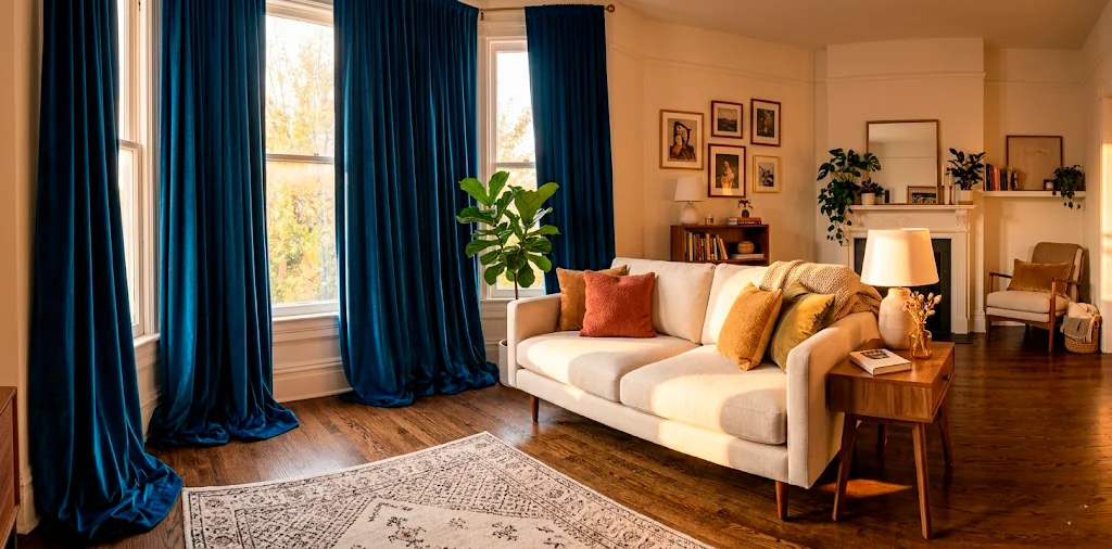 Cozy small living room featuring elegant, opulent velvet drapes pooling on the floor in warm sunlight