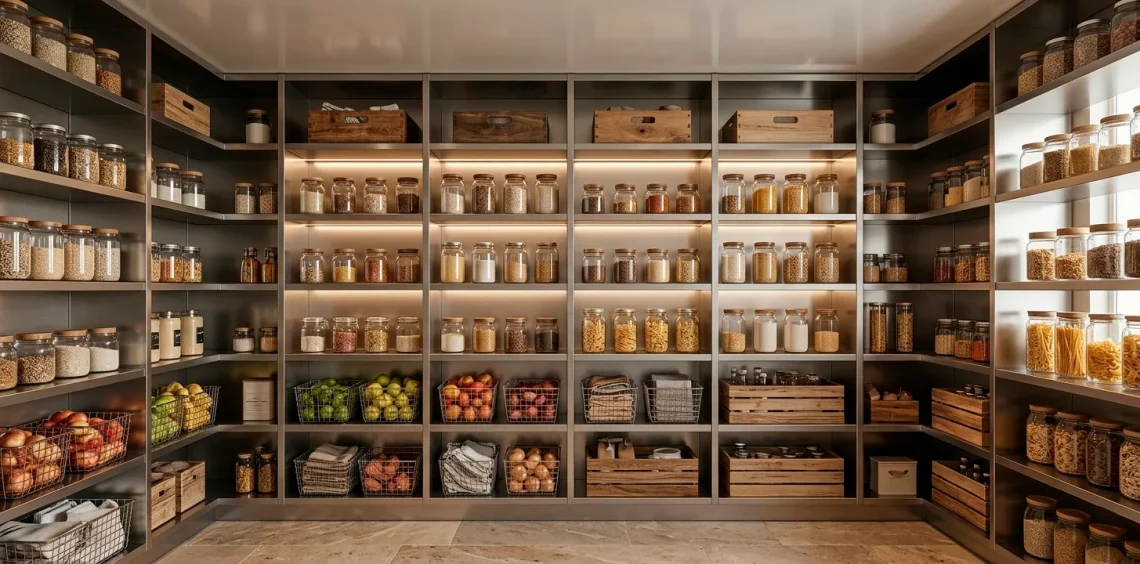 Wide view of an organized luxury stainless steel kitchen pantry with uniform storage containers.