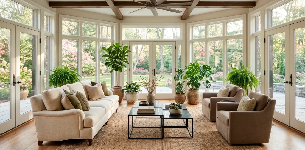 Bright 4-season sunroom with transitional decor featuring linen sofa and modern black metal accents