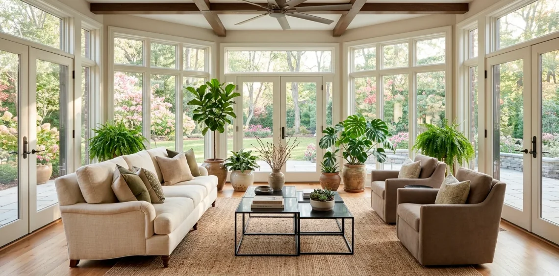 Bright 4-season sunroom with transitional decor featuring linen sofa and modern black metal accents