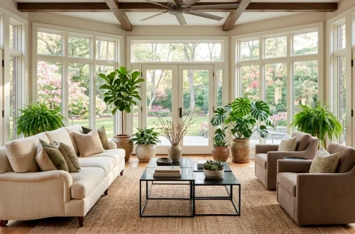 Bright 4-season sunroom with transitional decor featuring linen sofa and modern black metal accents
