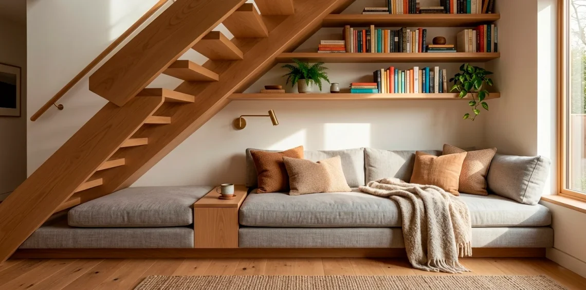 Cozy under-stair reading nook with a plush daybed, textured pillows, and floating wooden bookshelves in natural sunlight.