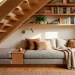 Cozy under-stair reading nook with a plush daybed, textured pillows, and floating wooden bookshelves in natural sunlight.