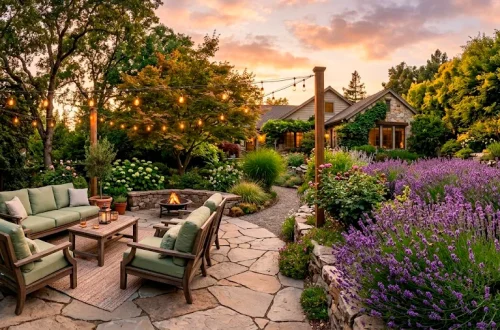 Beautiful backyard oasis featuring sage green outdoor furniture and lush lavender plants at sunset