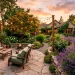 Beautiful backyard oasis featuring sage green outdoor furniture and lush lavender plants at sunset