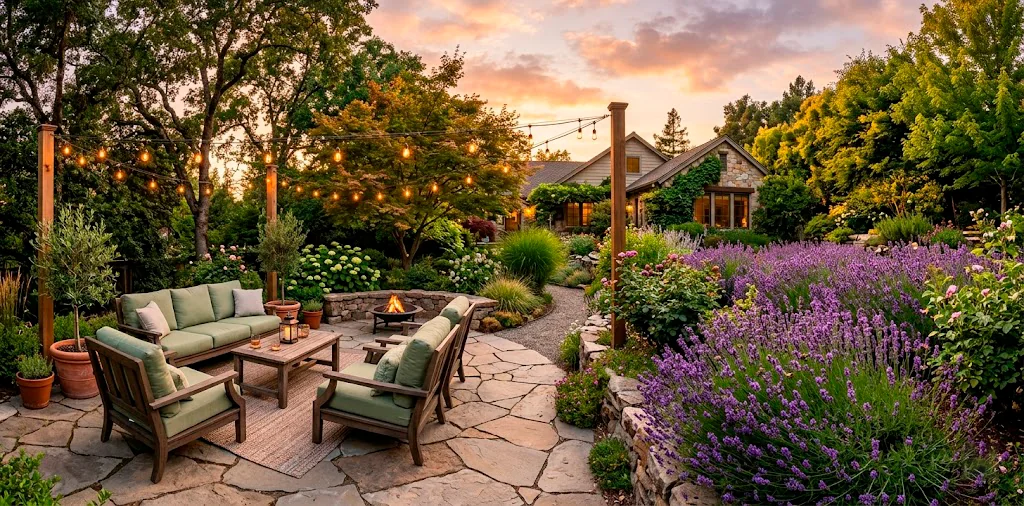 Beautiful backyard oasis featuring sage green outdoor furniture and lush lavender plants at sunset