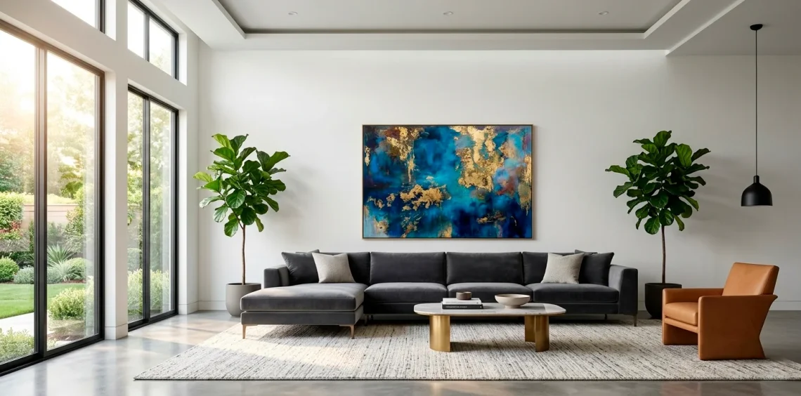 Large scale abstract art hanging above a modern sofa in a bright luxury living room interior.