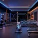 Luxury modern home gym featuring sleek stainless steel equipment and moody cinematic lighting
