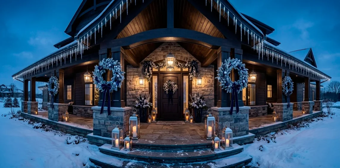 Luxurious home exterior decorated with sophisticated navy and silver Christmas decor at twilight
