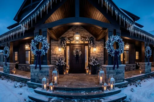 Luxurious home exterior decorated with sophisticated navy and silver Christmas decor at twilight