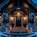 Luxurious home exterior decorated with sophisticated navy and silver Christmas decor at twilight