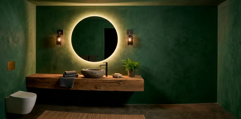 Luxurious forest green powder room with reclaimed wood vanity and stone vessel sink.