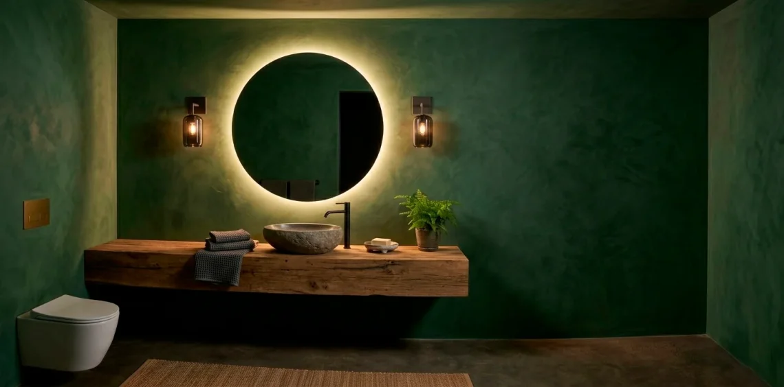 Luxurious forest green powder room with reclaimed wood vanity and stone vessel sink.