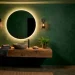 Luxurious forest green powder room with reclaimed wood vanity and stone vessel sink.