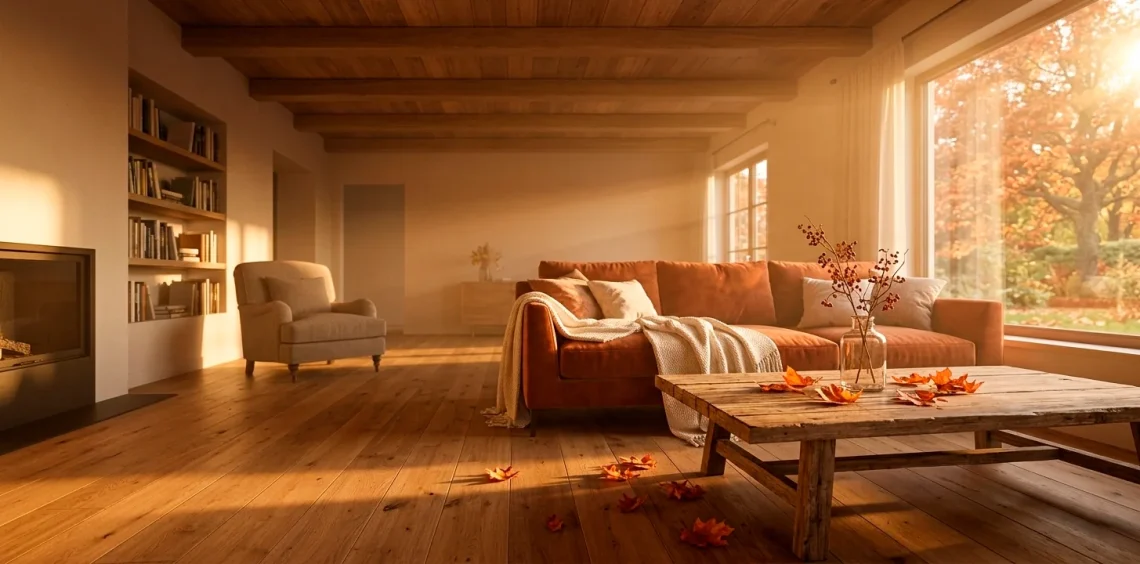 Wide cinematic shot of a sun-drenched autumn living room with warm golden hour light and fall accents.